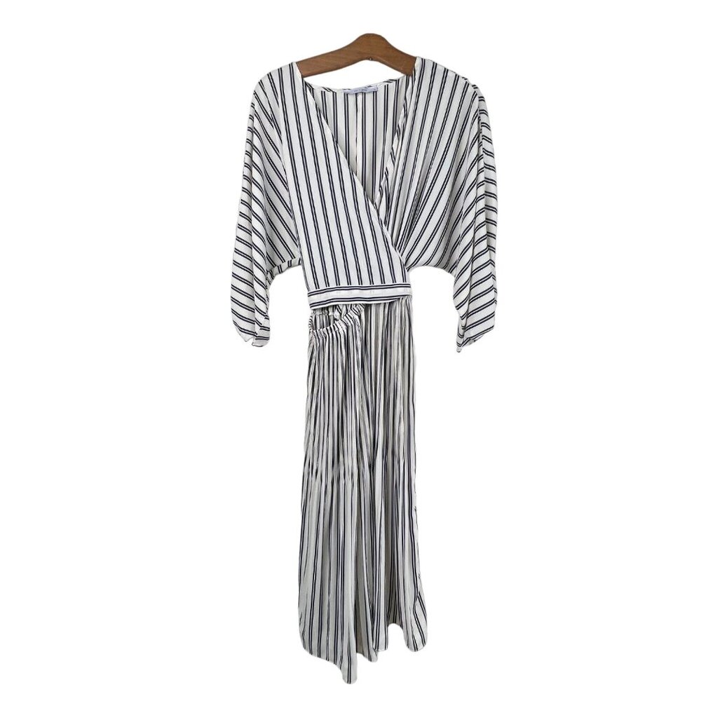 Iris + Grey Midi Dress Size Small Striped Wrap Pleated 3/4 Sleeve Elastic NEW
